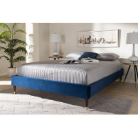 Baxton Studio BBT6598A1-Navy Blue-Queen Volden Glam and Luxe Navy Blue Velvet Fabric Upholstered Queen Size Wood Platform Bed Frame with Gold-Tone Leg Tips